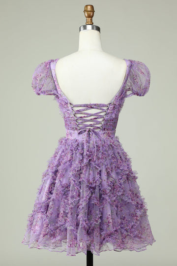 Floral A Línea Vestido de Cóctel Volantes Púrpura